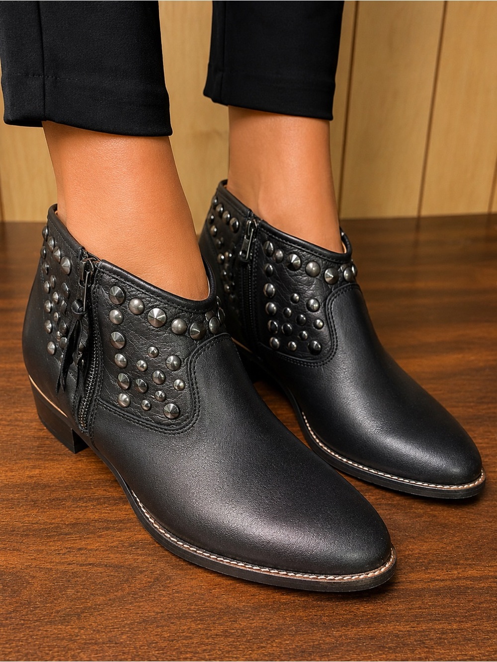 Women's Black Studded Ankle Booties - Classic Side-Zip